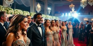 Celebrities on the red carpet at an awards gala.