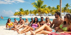 Celebrities relaxing on a tropical beach vacation.