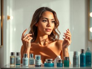 Vedetă aplicând produse de îngrijire a pielii.