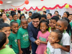 Celebritate interacționând cu copii la un eveniment caritabil.