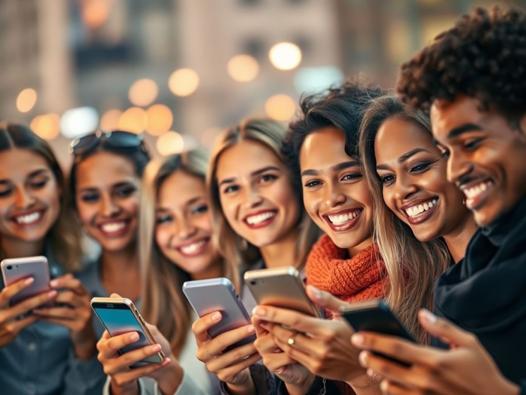 Vedete diverse zâmbitoare, ținând telefoane inteligente cu ecrane luminoase.