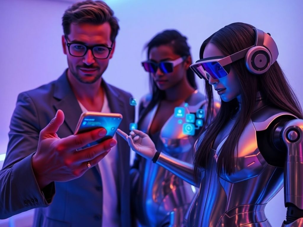 Cum adoptă celebritățile noile tehnologii: De la gadgeturi la inovații 1 Celebrități zâmbitoare, telefoane futuriste, realitate augmentată, roboți interactivi.