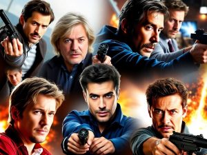 Vedete de film populare în scene de acțiune captivante.