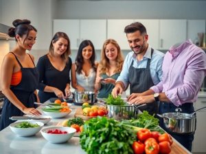 Vedete gătind cu ingrediente proaspete și unelte moderne.