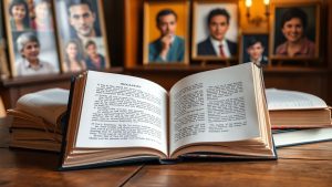 Cărți biografice și portrete de vedete pe fundal.